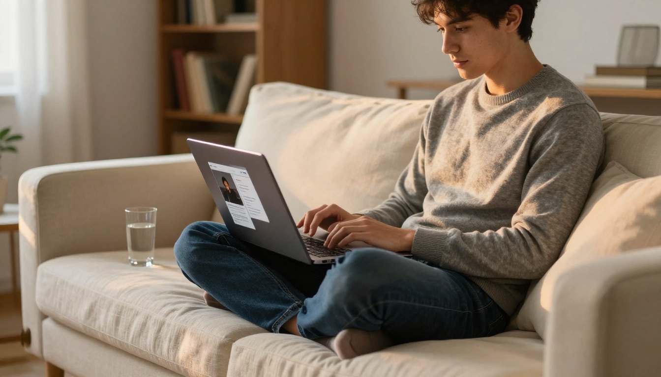 Young man reading flipbook-style newsletter on laptop while sitting on cream linen sofa at home Young man reading flipbook-style newsletter on laptop while sitting on cream linen sofa at home