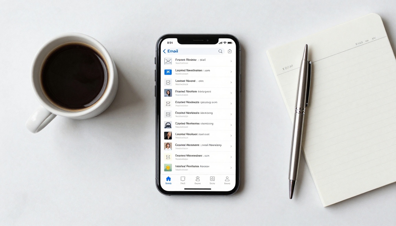 Email inbox overloaded with unread newsletters on smartphone on white marble surface Email inbox overloaded with unread newsletters on smartphone on white marble surface