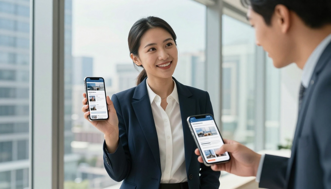 Confident businesswoman in navy blazer sharing interactive newsletter on smartphone near glass office window with city skyline Confident businesswoman in navy blazer sharing interactive newsletter on smartphone near glass office window with city skyline