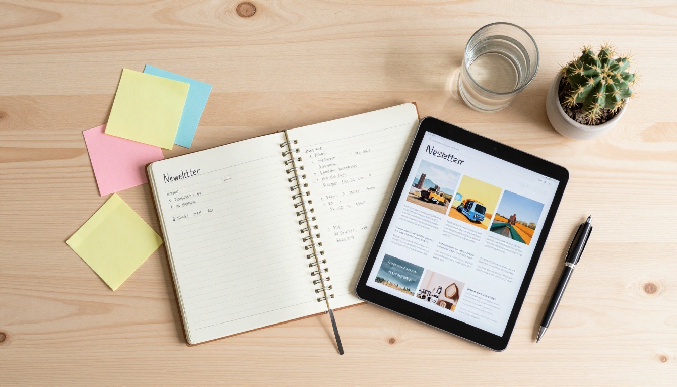 Newsletter content planning flat lay on pale birchwood desk with notebook, sticky notes, tablet, and ceramic cactus Newsletter content planning flat lay on pale birchwood desk with notebook, sticky notes, tablet, and ceramic cactus