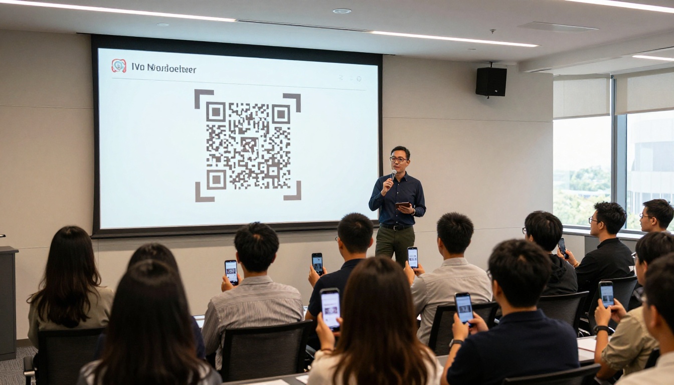 Conference room audience scanning QR code linked to interactive digital newsletter on their smartphones Conference room audience scanning QR code linked to interactive digital newsletter on their smartphones