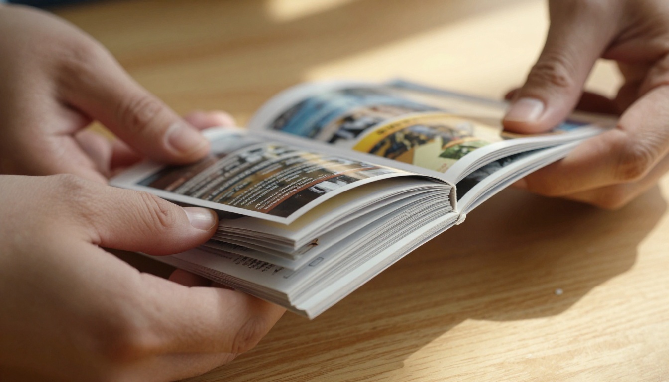 Hands holding a premium printed brochure with visible paper texture