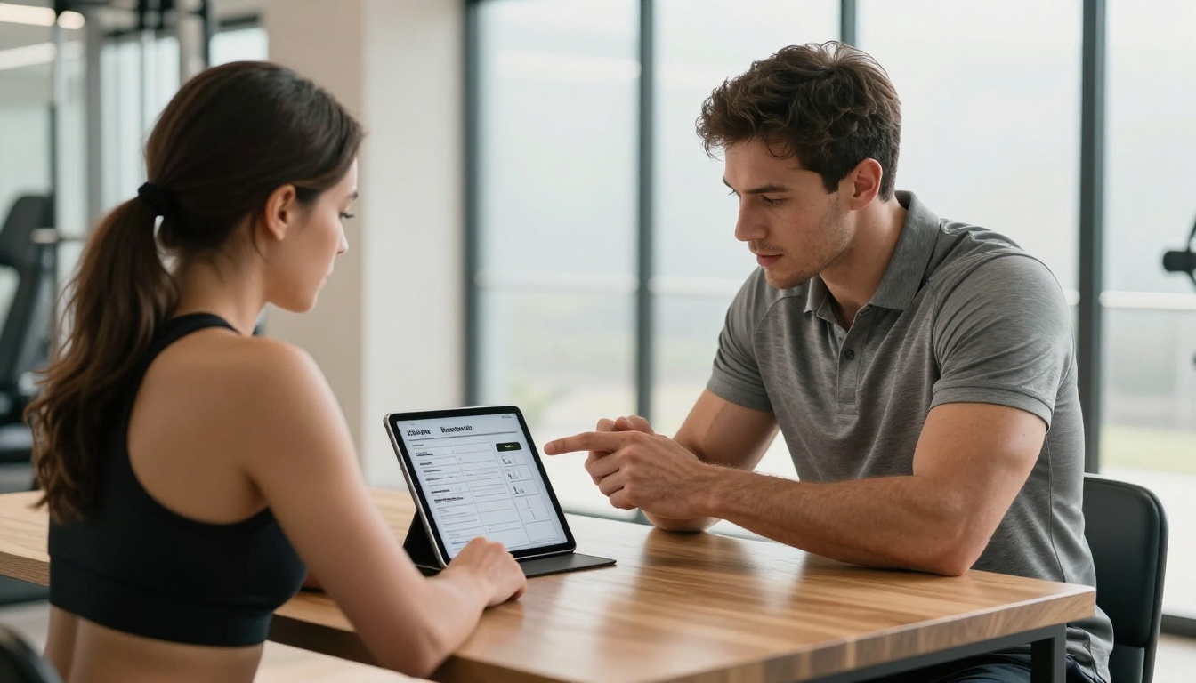 A personal trainer seated beside a female client, both reviewing an interactive workout plan on a tablet in a bright gym consultation room A personal trainer seated beside a female client, both reviewing an interactive workout plan on a tablet in a bright gym consultation room