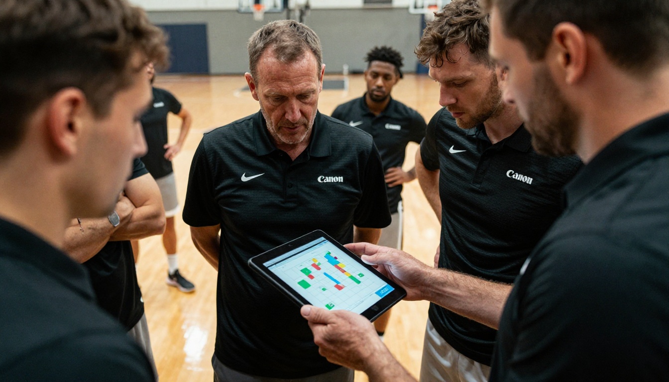 A sports coach standing on a basketball court sideline, holding a tablet with a color-coded strategy diagram, players gathered closely around him A sports coach standing on a basketball court sideline, holding a tablet with a color-coded strategy diagram, players gathered closely around him