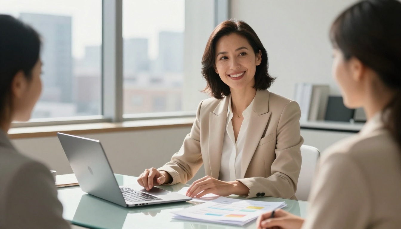 An elegant female life coach in a tailored beige blazer, seated at a glass desk presenting content on a laptop, in a minimalist modern office with city skyline views An elegant female life coach in a tailored beige blazer, seated at a glass desk presenting content on a laptop, in a minimalist modern office with city skyline views
