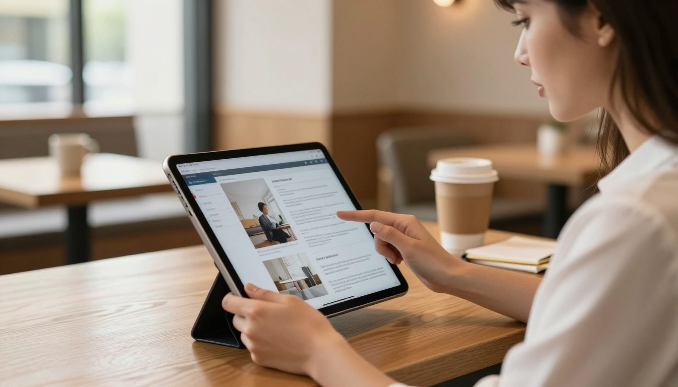 Professional woman reviewing brochure flipbook on iPad in a cafe