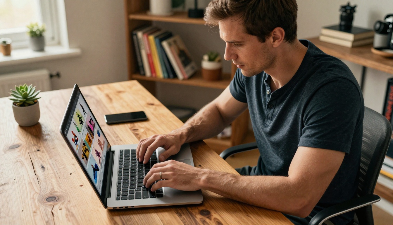 A focused male fitness trainer working on a silver laptop at a warm wood-grain desk, arranging colorful digital flipbook content pages on screen in a home office A focused male fitness trainer working on a silver laptop at a warm wood-grain desk, arranging colorful digital flipbook content pages on screen in a home office