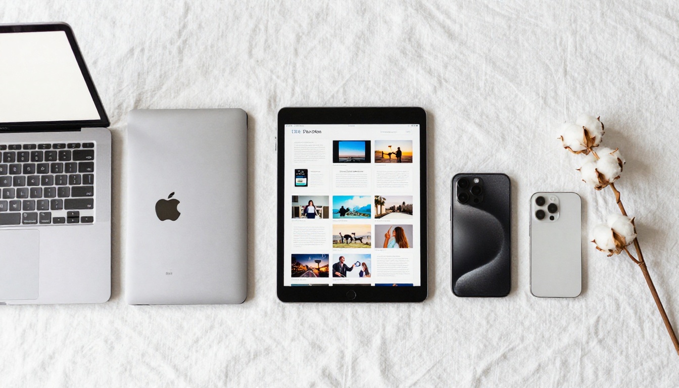 Flat-lay of laptop, tablet, and smartphone all showing the same flipbook