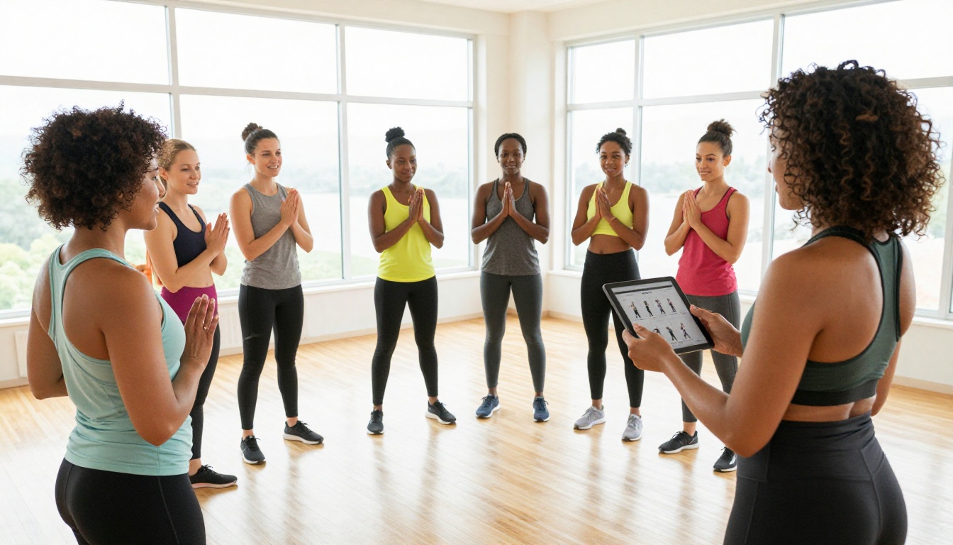 A diverse group fitness class in a bright bamboo-floored studio, instructor holding up a tablet displaying a class schedule while participants gather around attentively A diverse group fitness class in a bright bamboo-floored studio, instructor holding up a tablet displaying a class schedule while participants gather around attentively