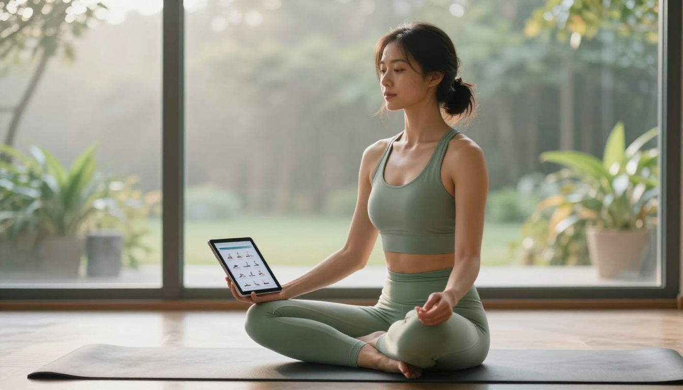A graceful yoga instructor sitting cross-legged on a mat in a serene light-filled studio, holding a tablet with a yoga sequence visible, lush misty garden behind floor-to-ceiling windows A graceful yoga instructor sitting cross-legged on a mat in a serene light-filled studio, holding a tablet with a yoga sequence visible, lush misty garden behind floor-to-ceiling windows