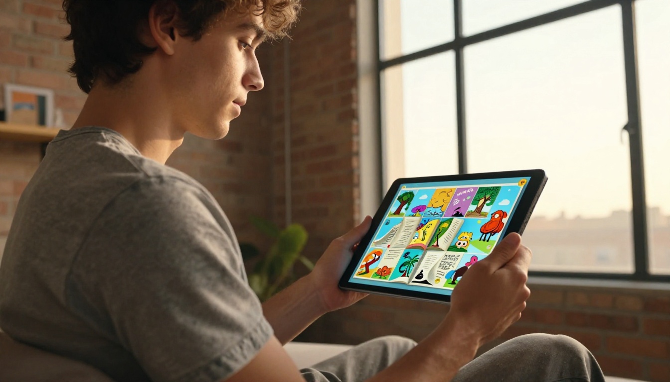 Young man holding a tablet showing an interactive flipbook, low-angle shot in a loft apartment