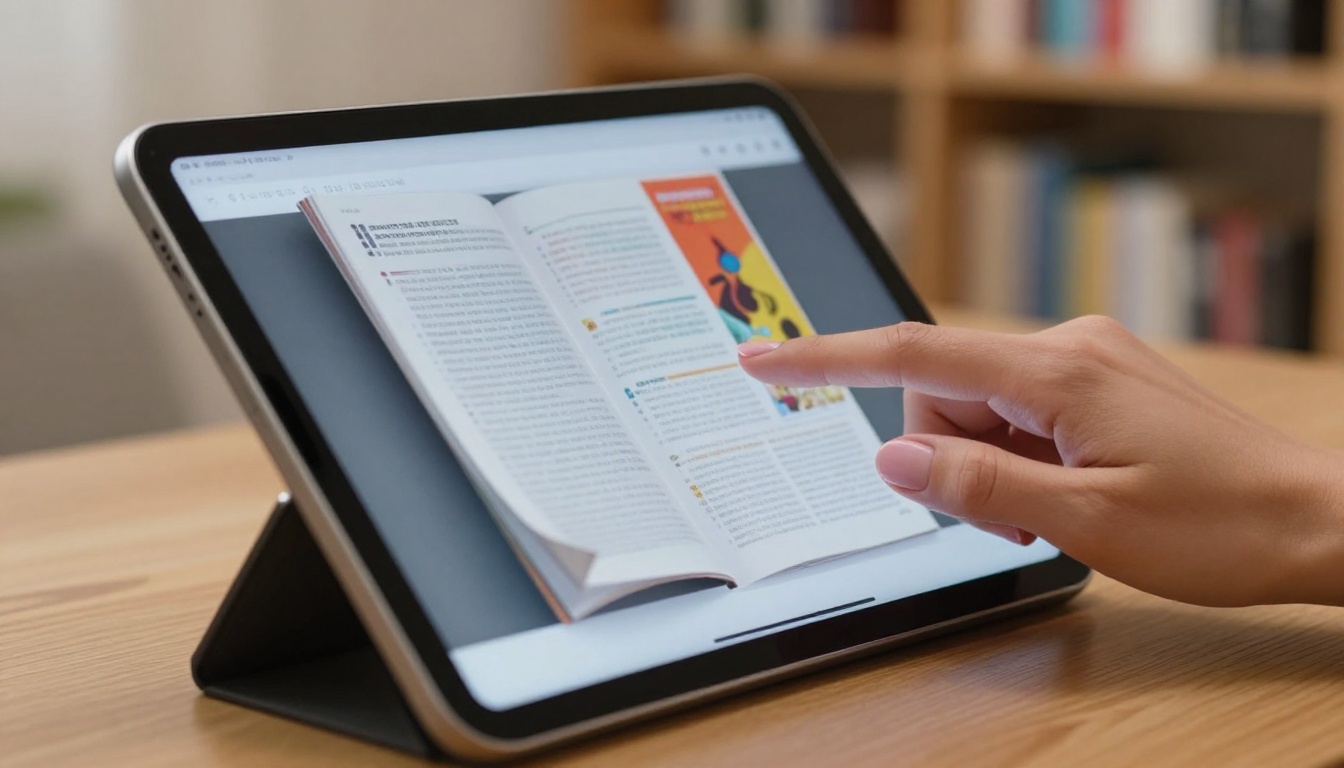 Close-up of a tablet screen showing a digital flipbook with realistic page-curl effect