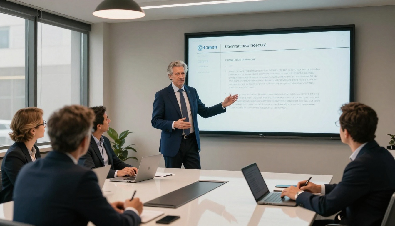 A confident male executive business coach in a navy suit presenting to three professionals around a polished conference table, wall-mounted screen showing formatted document pages A confident male executive business coach in a navy suit presenting to three professionals around a polished conference table, wall-mounted screen showing formatted document pages