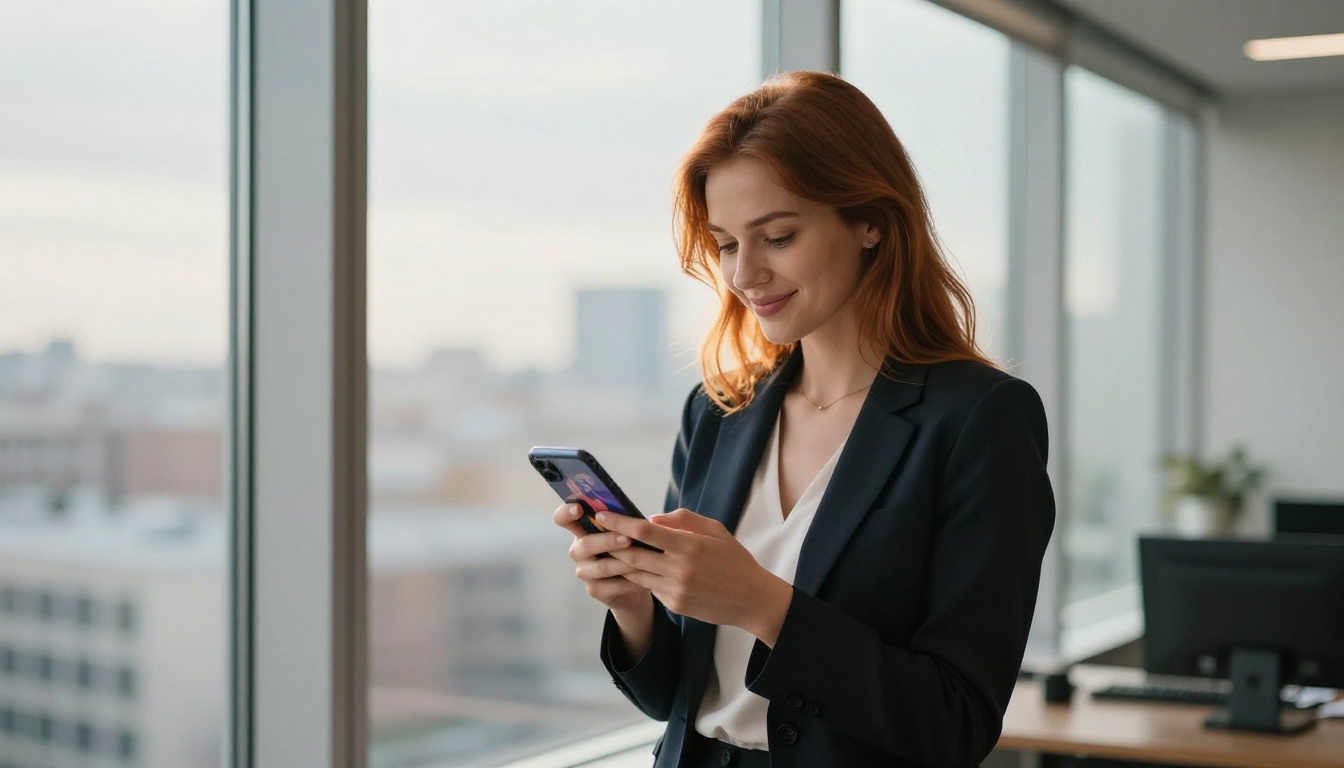 Professional woman smiling at smartphone showing flipbook near office windows