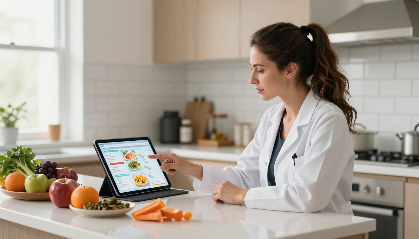 A female sports nutritionist reviewing a colorful interactive meal plan on a tablet with a male athlete at a bright kitchen counter with fresh whole foods visible A female sports nutritionist reviewing a colorful interactive meal plan on a tablet with a male athlete at a bright kitchen counter with fresh whole foods visible