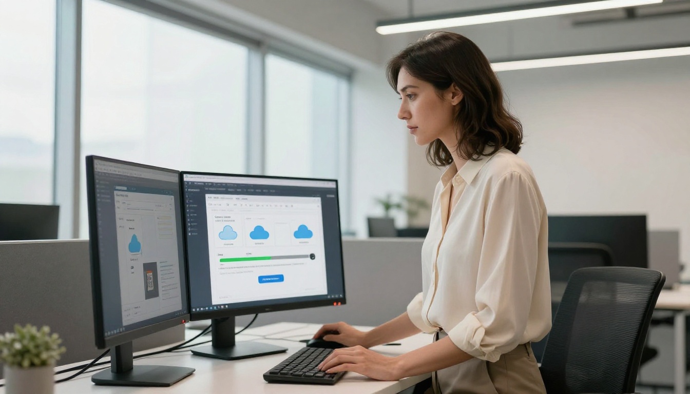 Woman at standing desk uploading documents on a large curved monitor in a bright office
