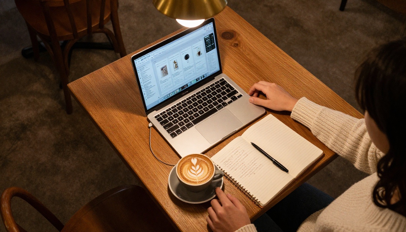 Aerial view of a coffee shop table with a laptop open to a flipbook creator tool and a cappuccino