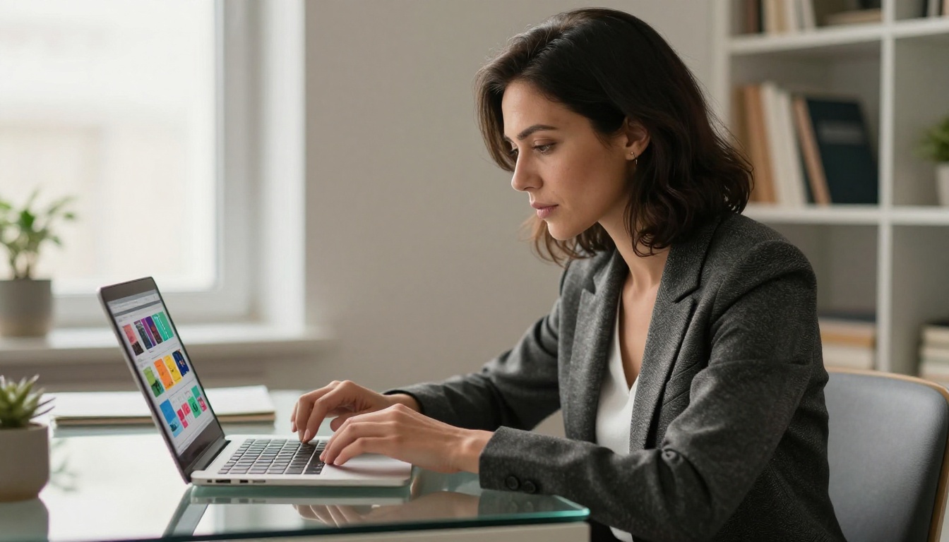 Professional woman in a blazer reviewing a digital catalog on her laptop at a modern office desk