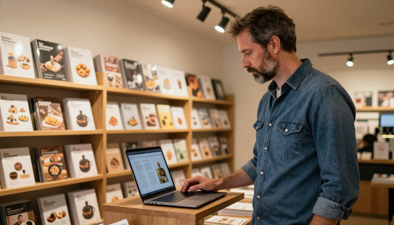 Small business owner standing beside a retail shelf with printed brochures and a laptop showing the digital flipbook version