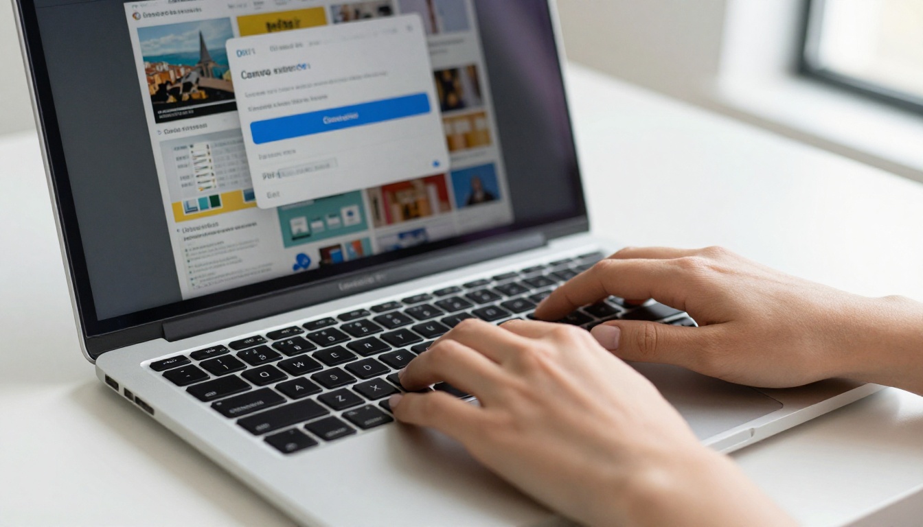 Hands on a MacBook exporting a Canva presentation as PDF