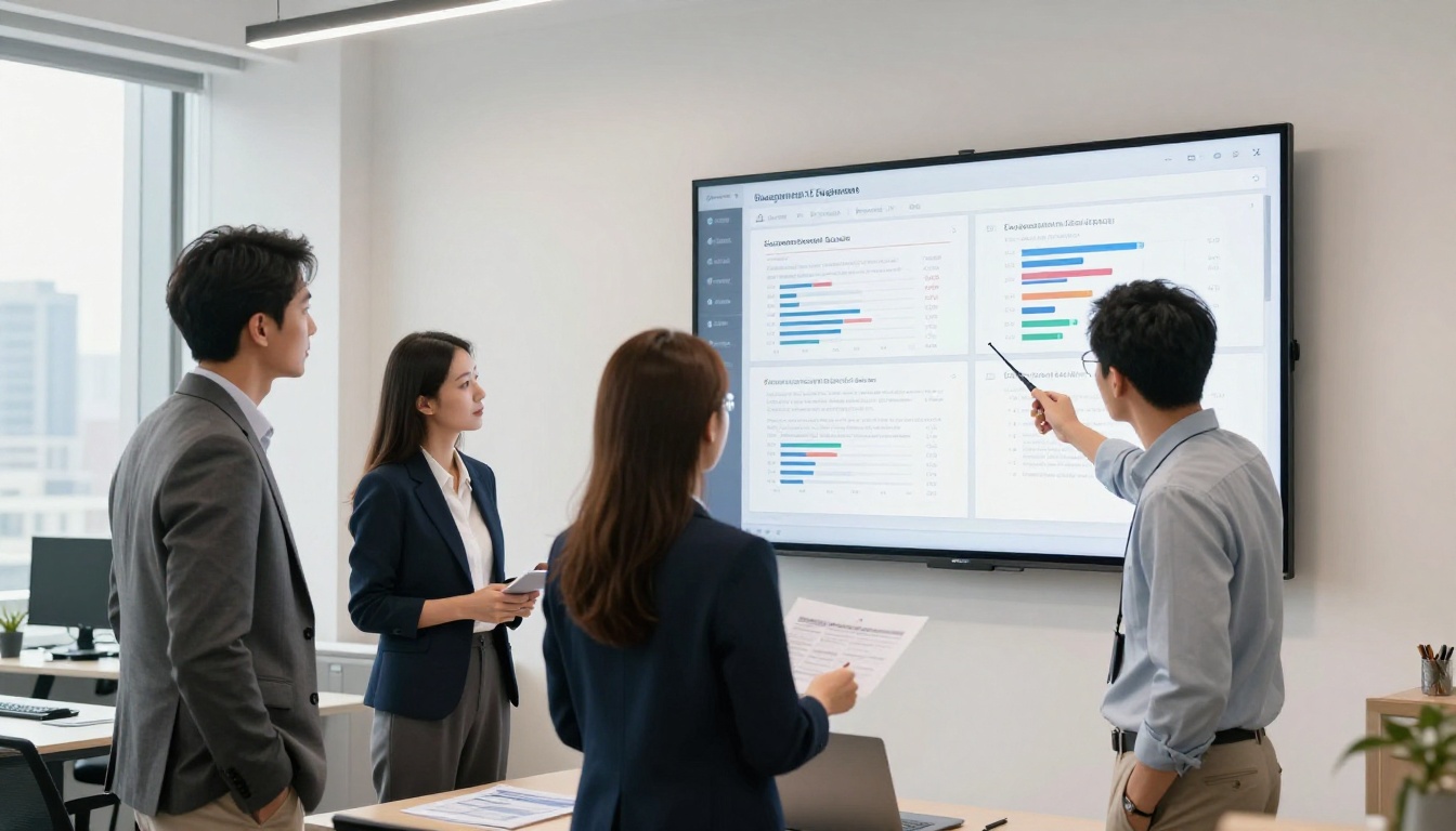 Business team reviewing document performance data on a conference room wall display