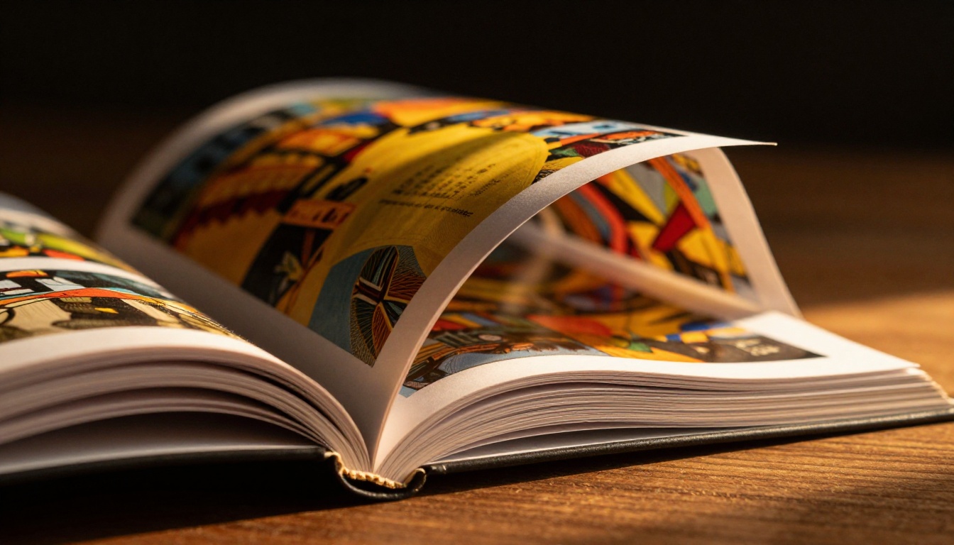 Macro close-up of a flipbook with pages mid-turn in warm golden light