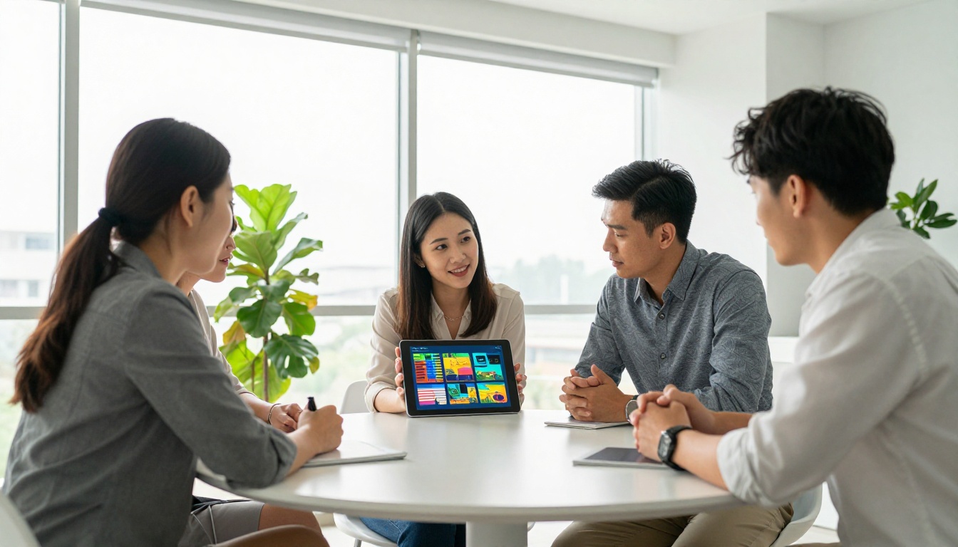 Three professionals in a conference room reviewing a flipbook on a tablet together