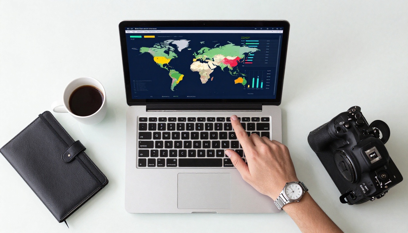 Aerial overhead view of data visualization on laptop screen with analytics charts and maps