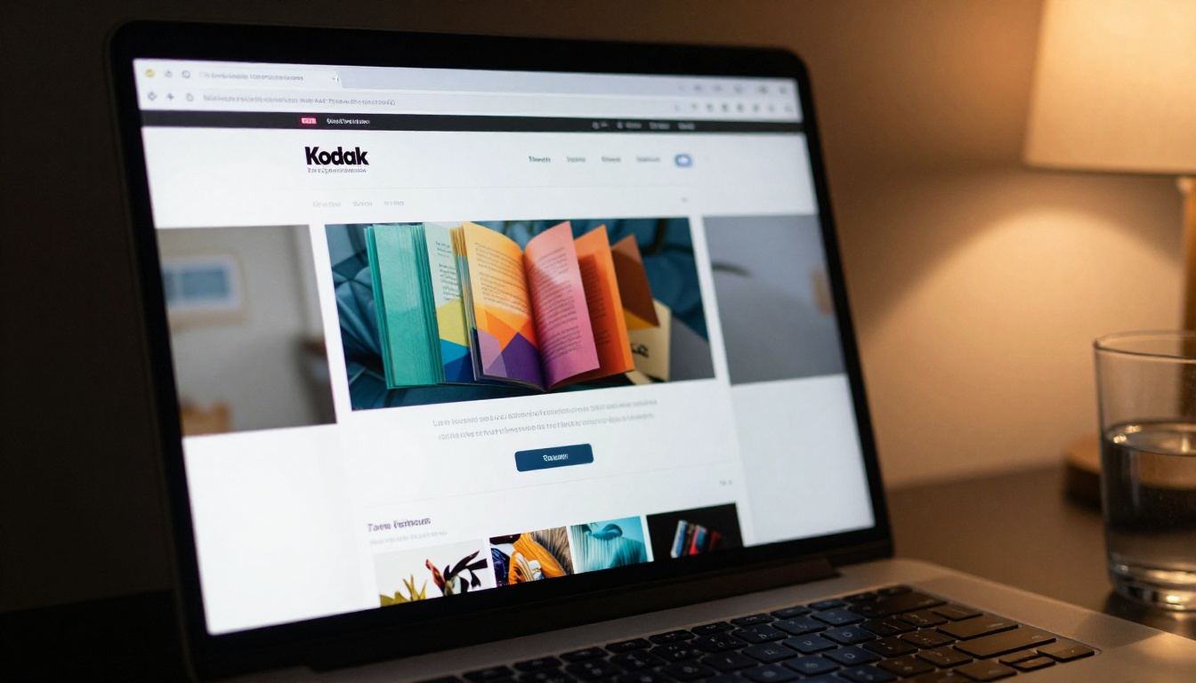 Laptop screen showing an embedded flipbook on a website with warm desk lamp glow