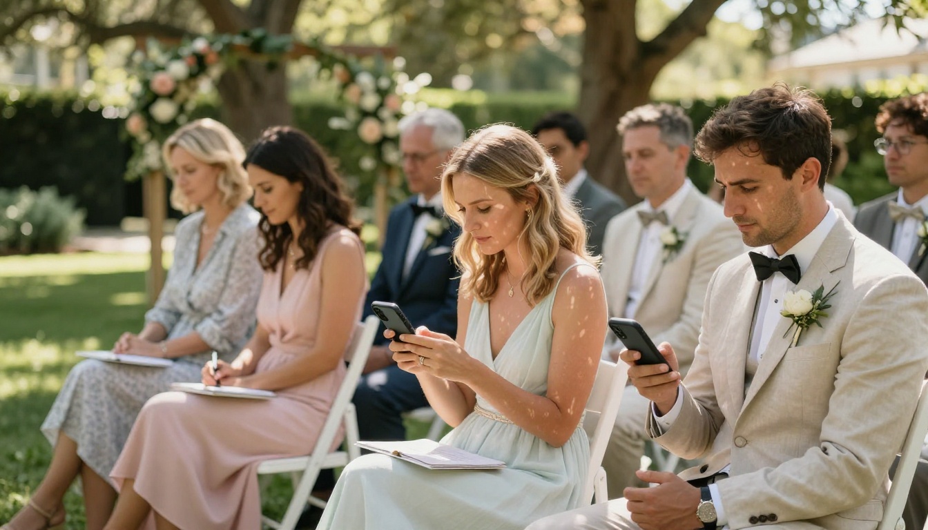 Wedding ceremony guests using smartphones to view digital event programs at an outdoor garden ceremony with dappled afternoon sunlight