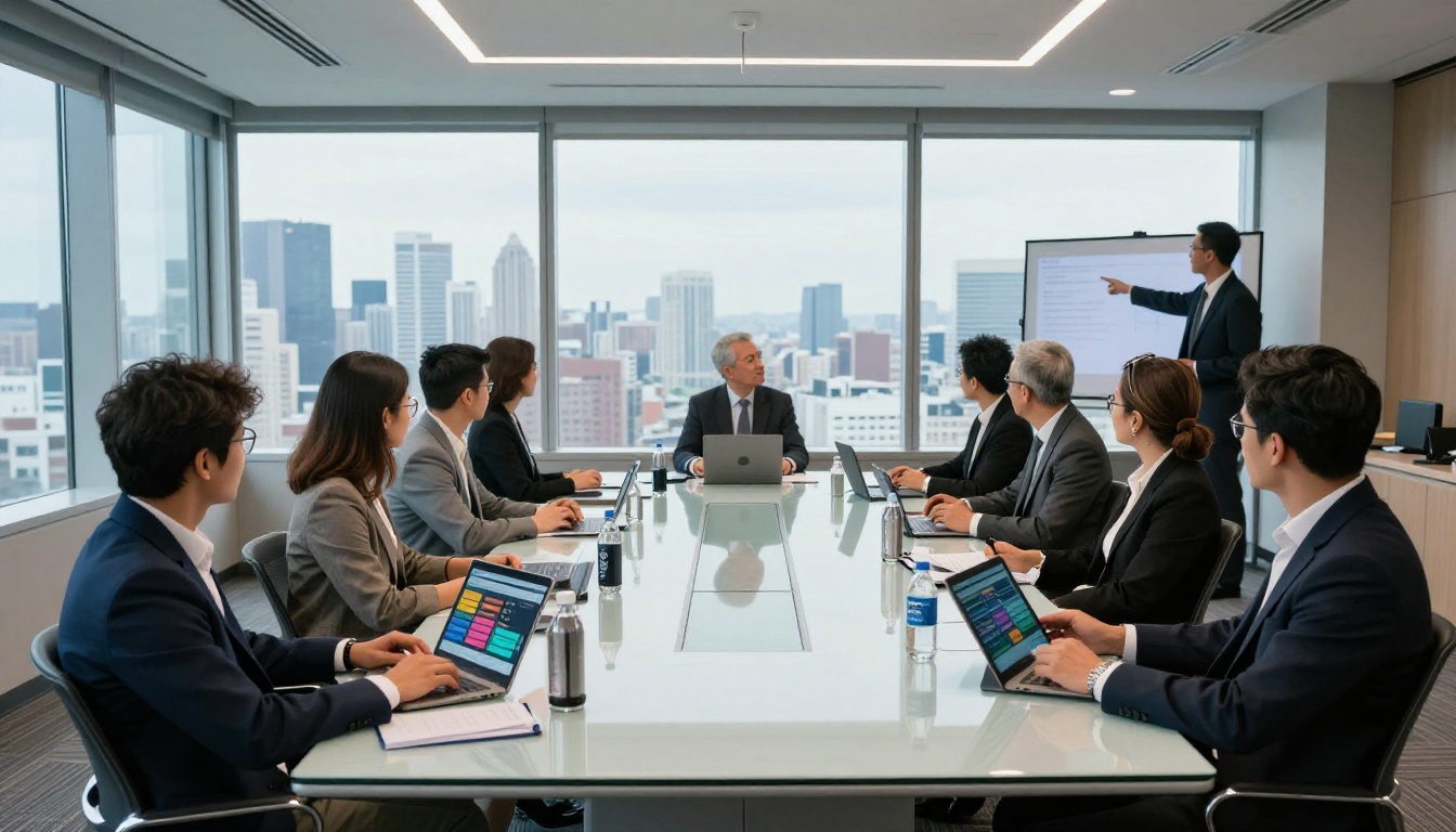 Corporate conference professionals viewing interactive digital event schedule flipbooks on tablets around a modern glass conference table overlooking a city skyline