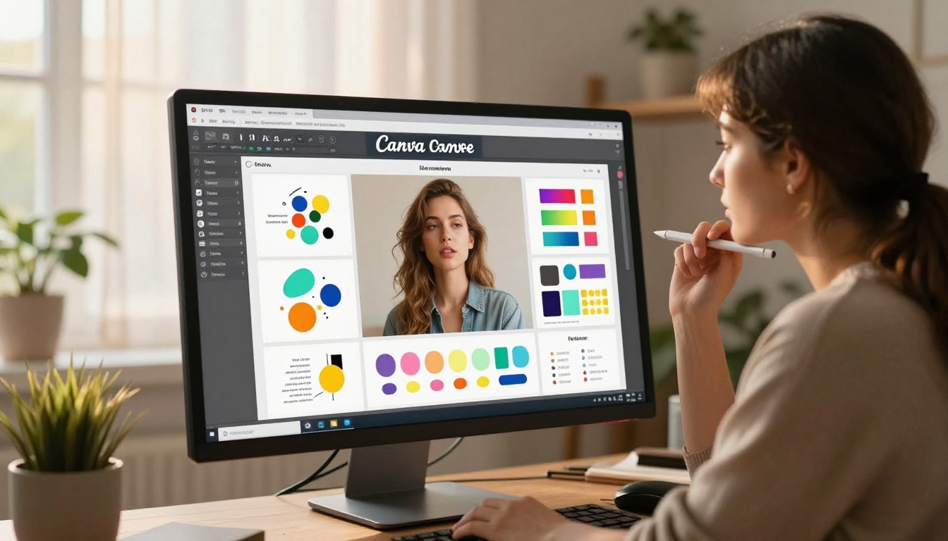 Creative designer working in Canva on a widescreen monitor with warm sunlight
