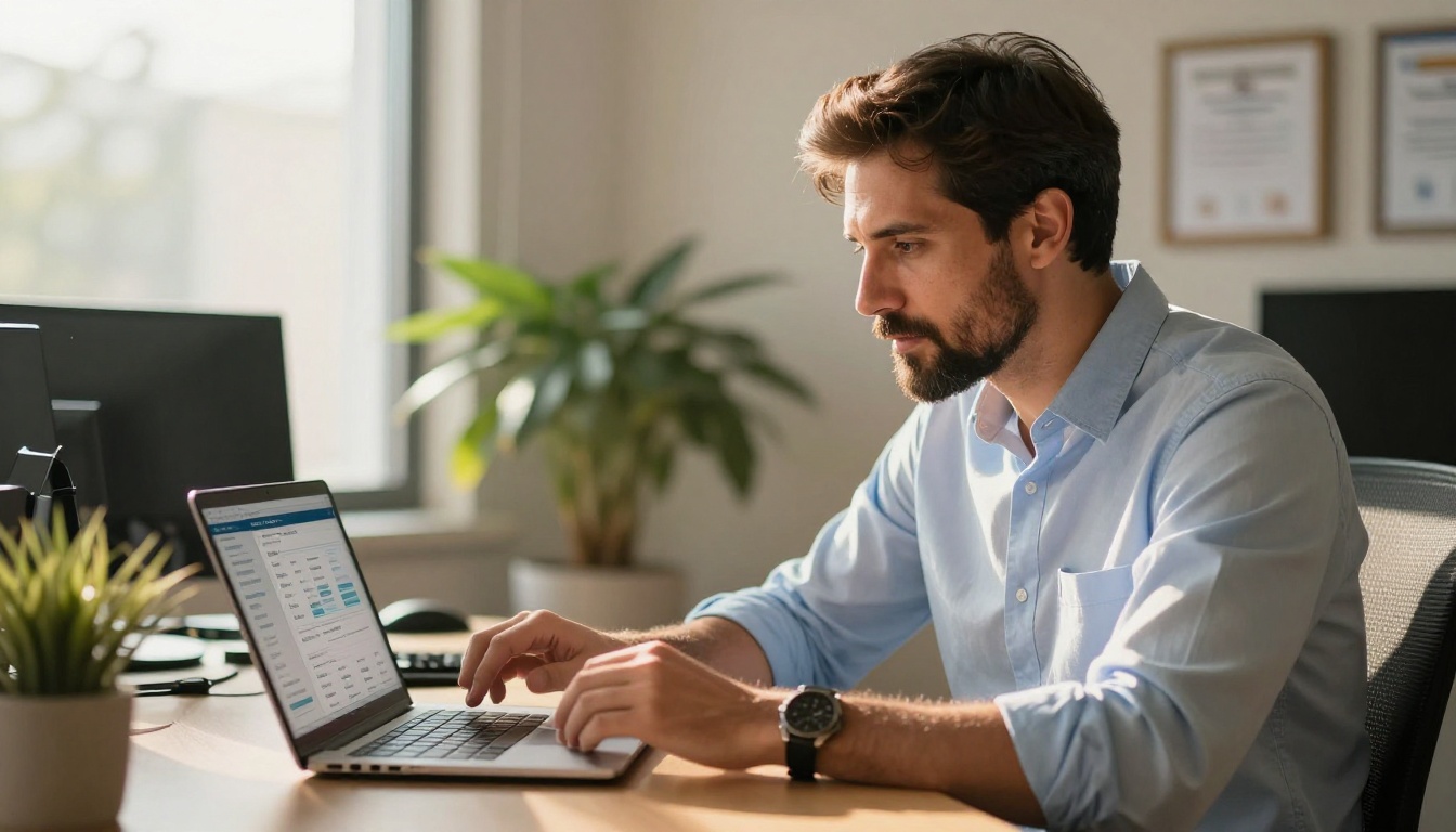 Sales representative reviewing proposal analytics on a laptop in a corner office