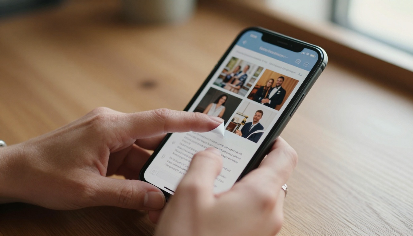 Close-up of hands holding a smartphone displaying an interactive flipbook event program with visible page-turn curl effect at corner, wooden table surface below, warm window light
