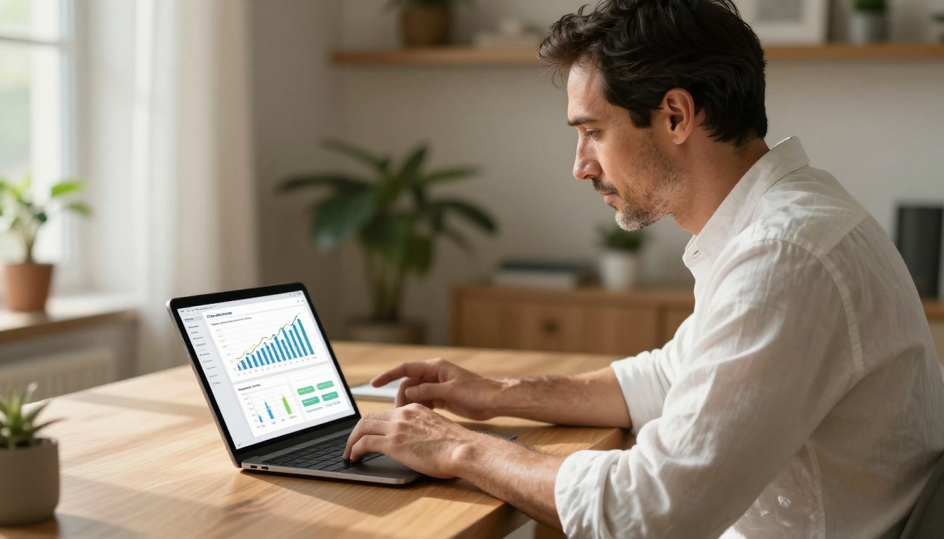 Man reviewing analytics data on a tablet with warm morning light