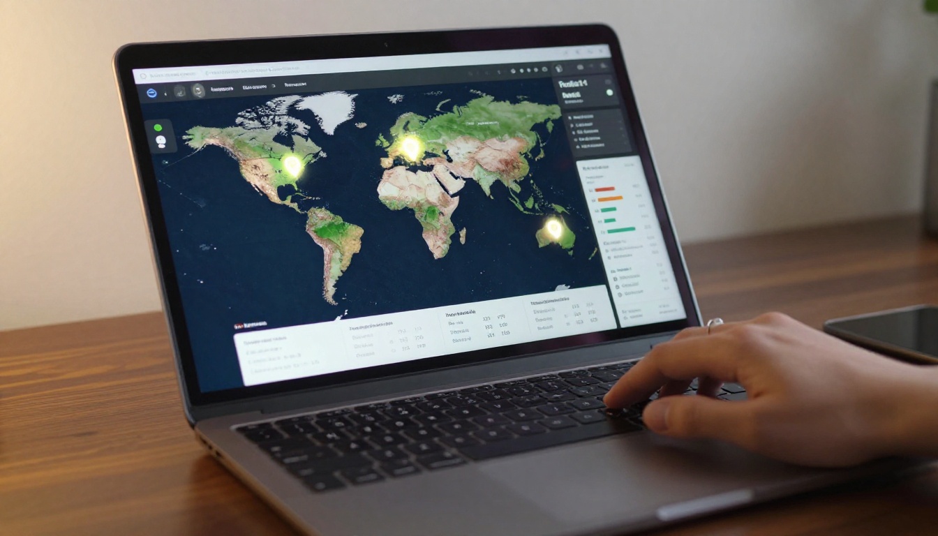 World map on laptop screen showing geographic distribution of flipbook readers by country