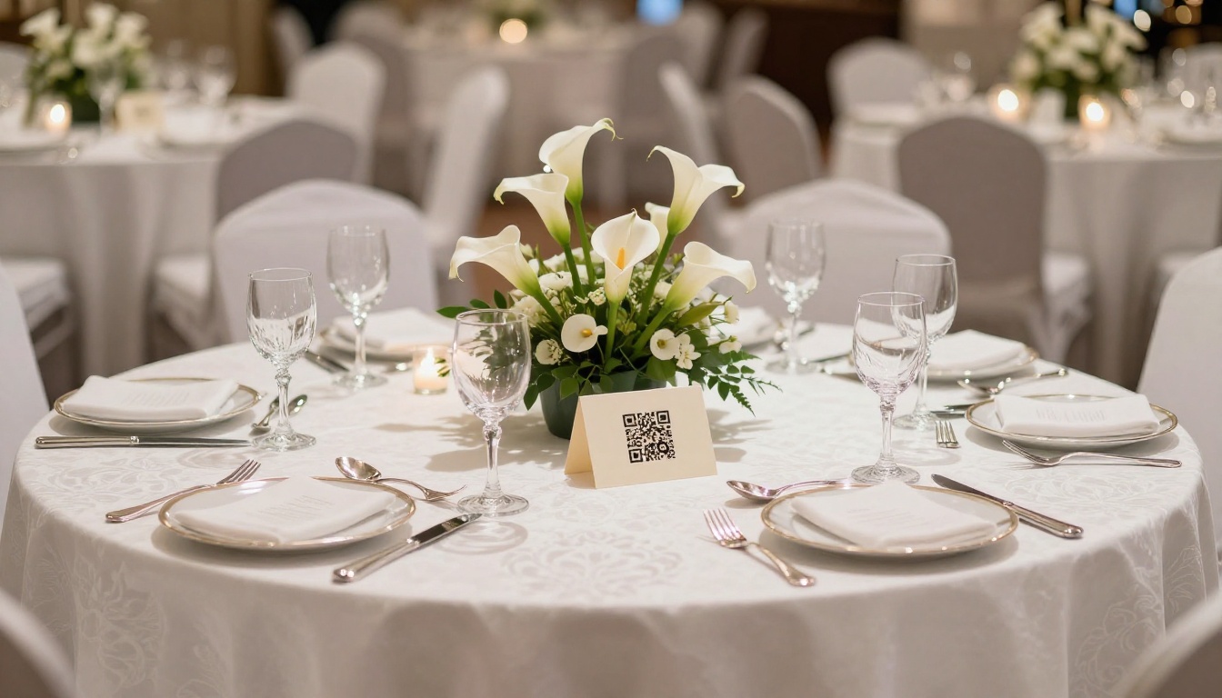 Elegant circular gala dinner table with white calla lily centerpiece, crystal glasses, silver cutlery, and a cream cardstock QR code tent card, soft warm candlelight