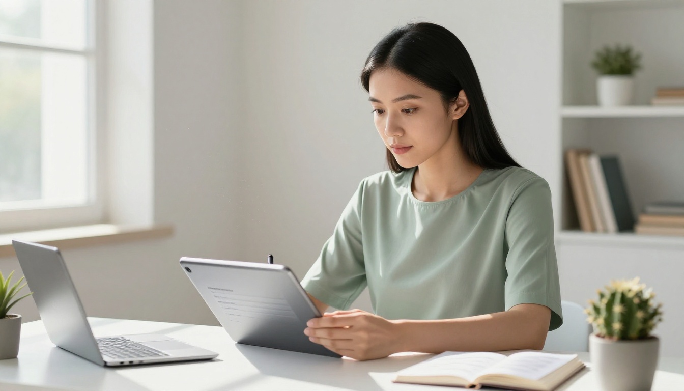 Young woman completing an email capture form on a tablet before reading a digital flipbook