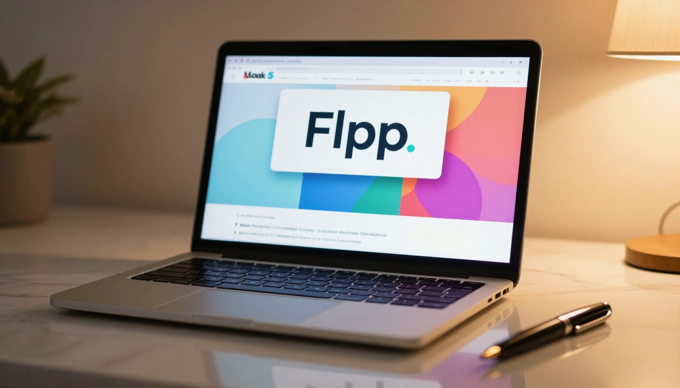 Close-up of a branded digital flipbook cover on a laptop screen with warm desk lamp light