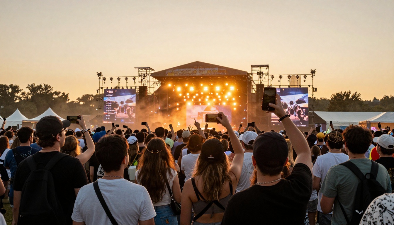 Outdoor music festival crowd at golden hour, attendees in casual summer clothing holding smartphones with digital event lineup visible on screens, warm orange sunset rim lighting, dust in air