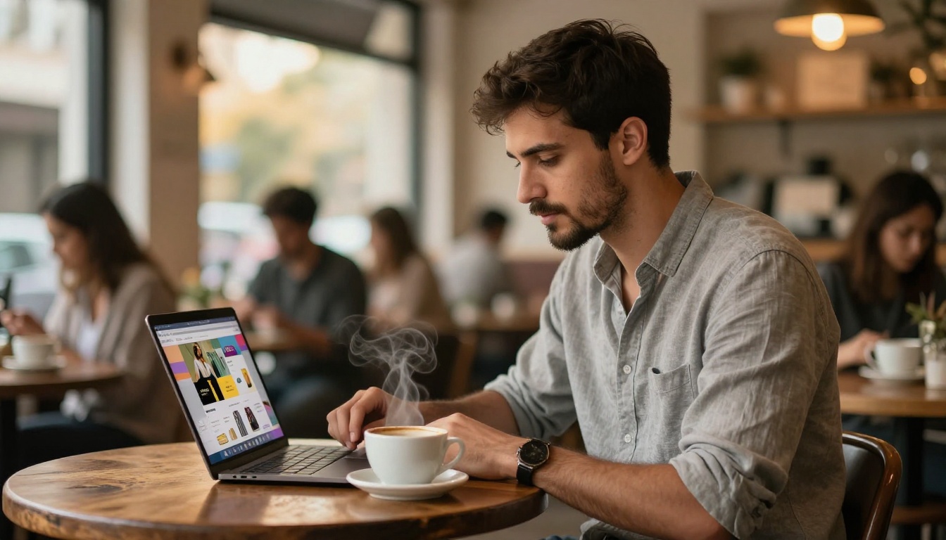 Entrepreneur viewing catalog on laptop at cafe Entrepreneur viewing catalog on laptop at cafe