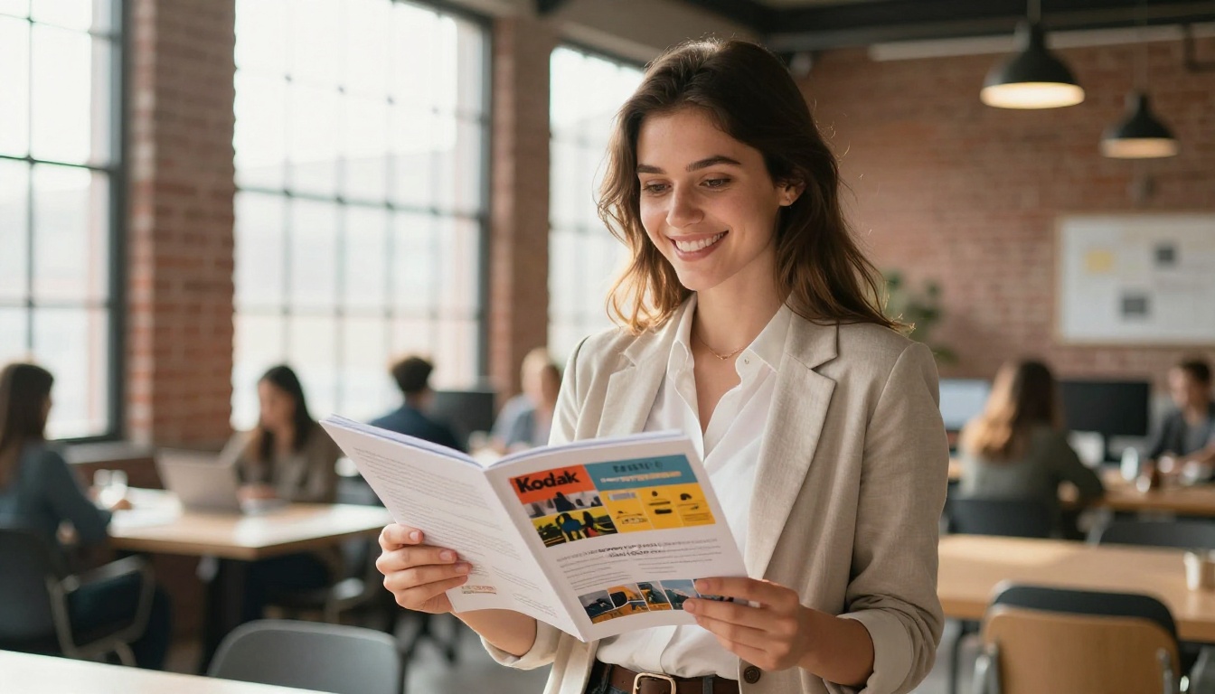 Smiling woman holding open a colorful flipbook at a modern coworking space