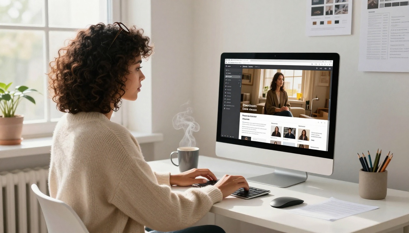 Woman with olive skin and curly dark hair designing an event program on a large computer screen at a white minimalist home office desk, warm morning window light from the left