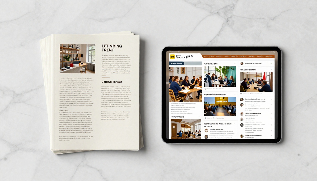 Flat lay on white marble surface showing a stack of traditional printed event programs on the left and a modern tablet displaying a vibrant digital flipbook on the right, natural overhead window light