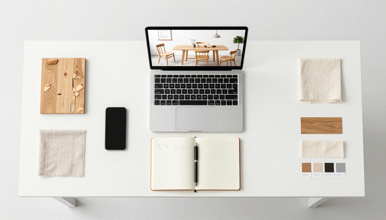 Flat lay of catalog workspace with furniture swatches Flat lay of catalog workspace with furniture swatches