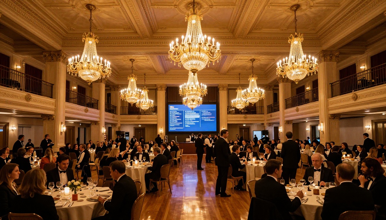 Wide establishing shot of a large elegant hotel ballroom filled with formally dressed gala attendees mingling, warm amber chandeliers, digital screens on walls, polished hardwood floor with chandelier reflections