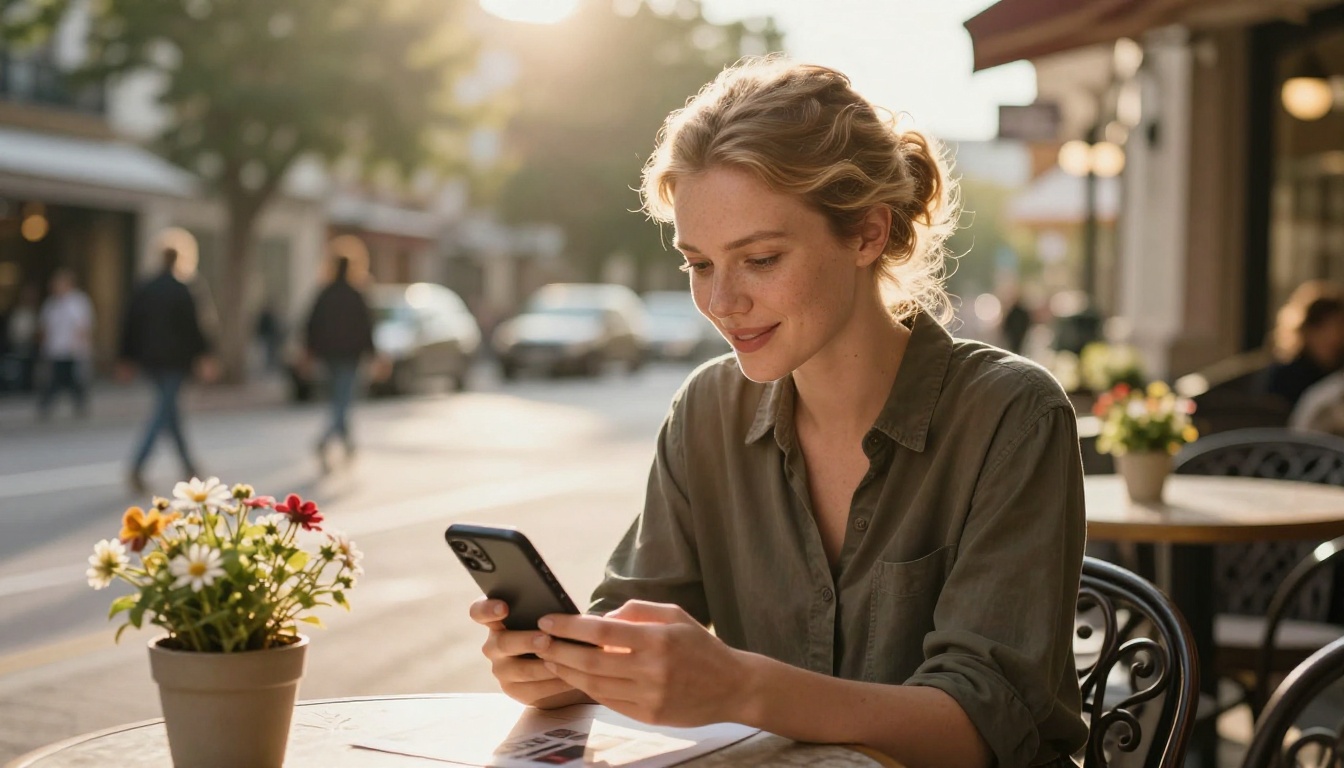 Woman browsing catalog on phone outdoors Woman browsing catalog on phone outdoors