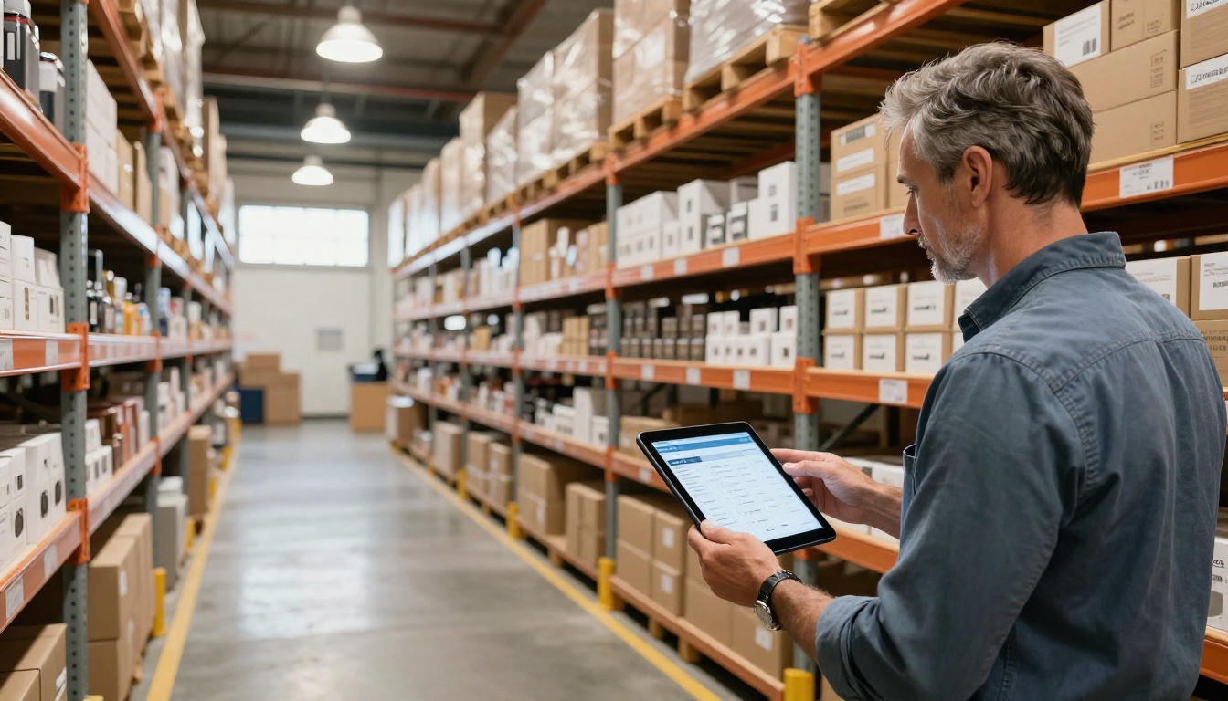 Warehouse manager reviewing inventory catalog on tablet Warehouse manager reviewing inventory catalog on tablet