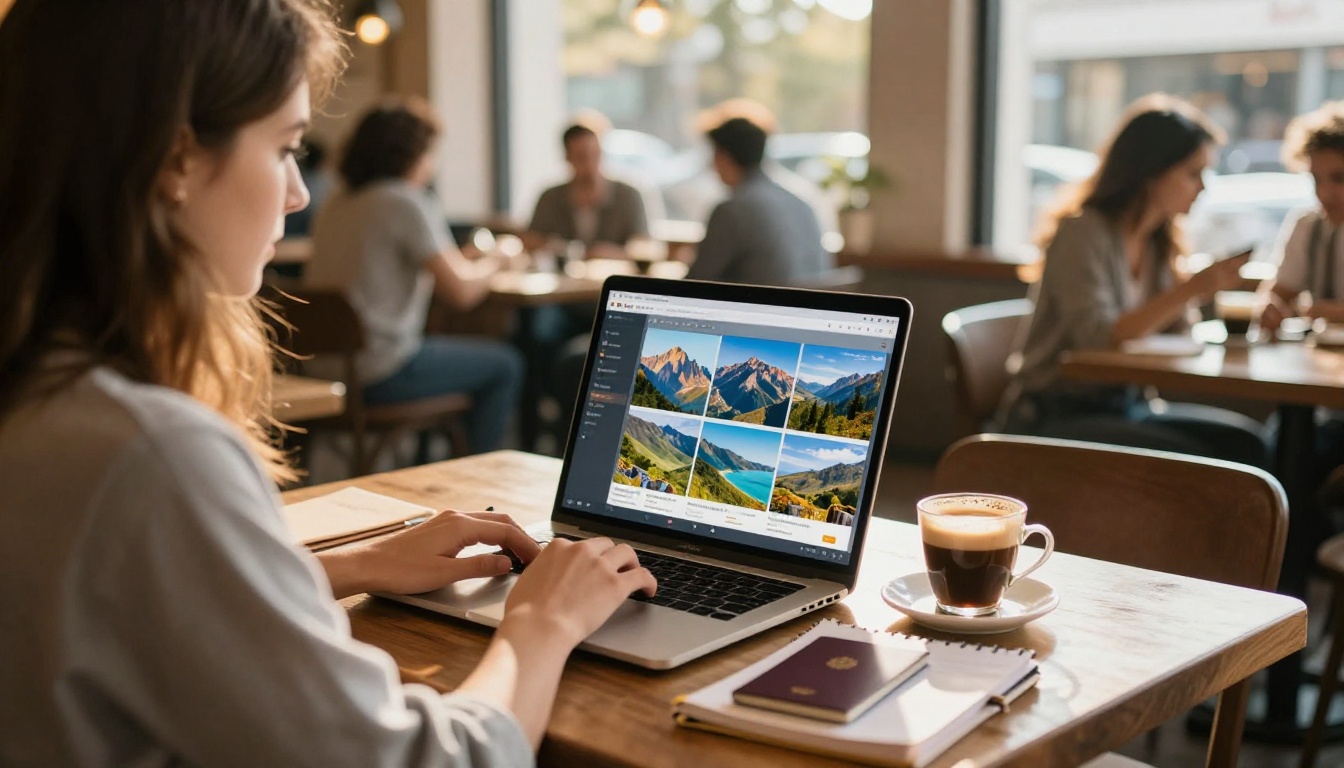 Designer working on travel brochure layout at a sunlit cafe