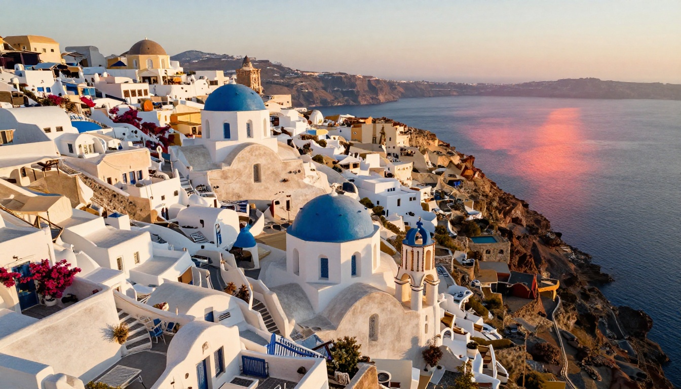 Aerial view of Santorini cliffs and blue domed churches at golden hour